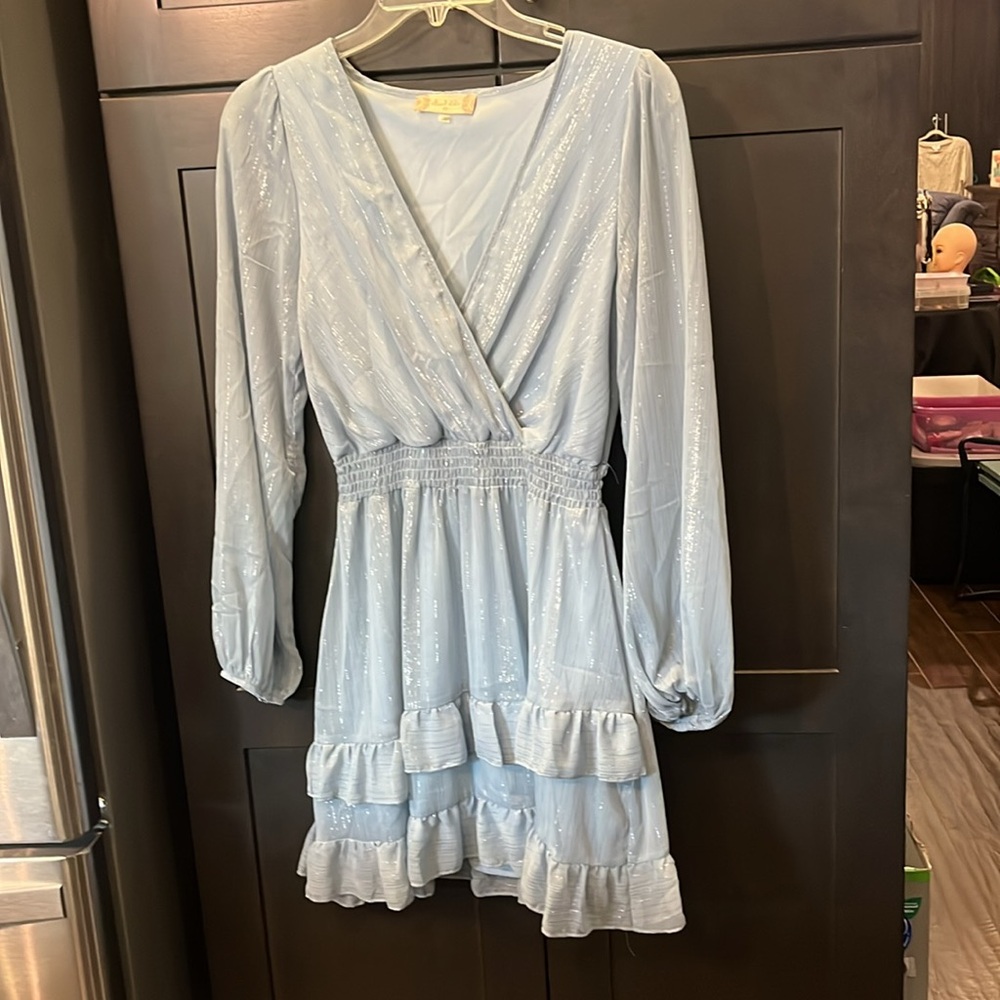 Altar’d State XS Blue Long Sleeve Dress with Silver thread throughout. Like New - Picture 12 of 16